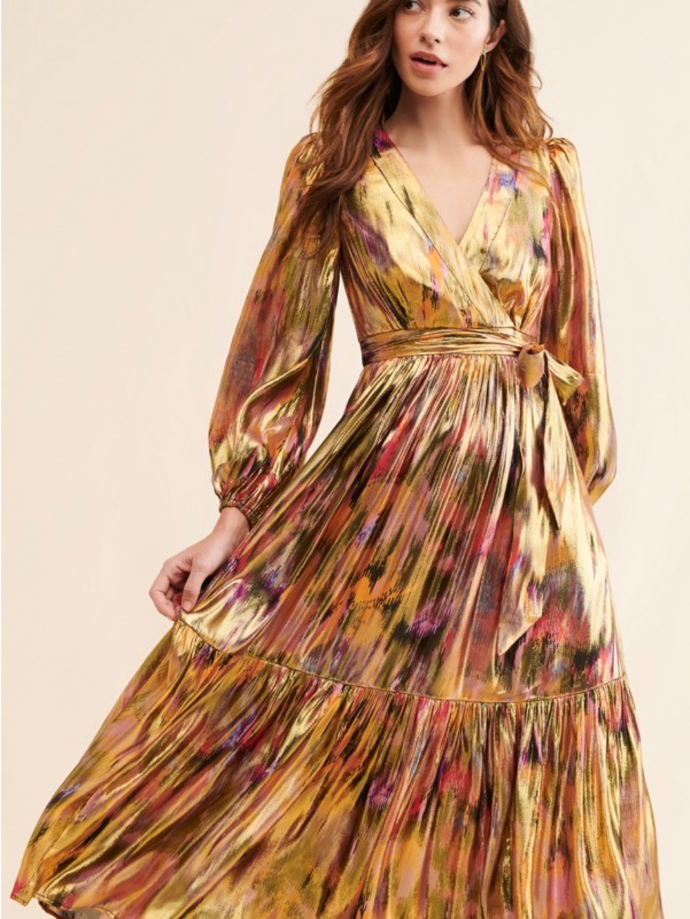 Anthropologie Gold Metallic Multi-Color Wrap Maxi Dress